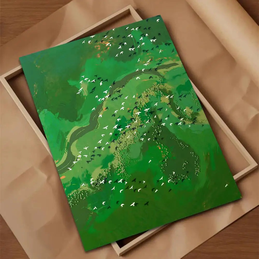 Green Jiangnan self-adhesive landscape art poster in modern Asian style for living room wall decor