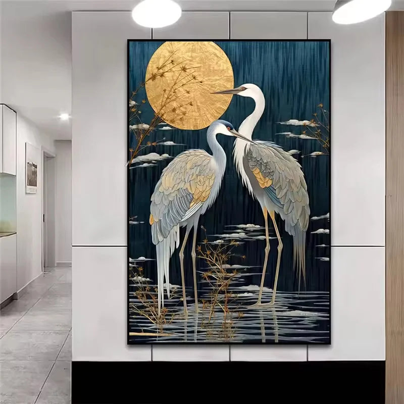 Modern Japanese crane wall art poster with white birds and golden sun on dark canvas