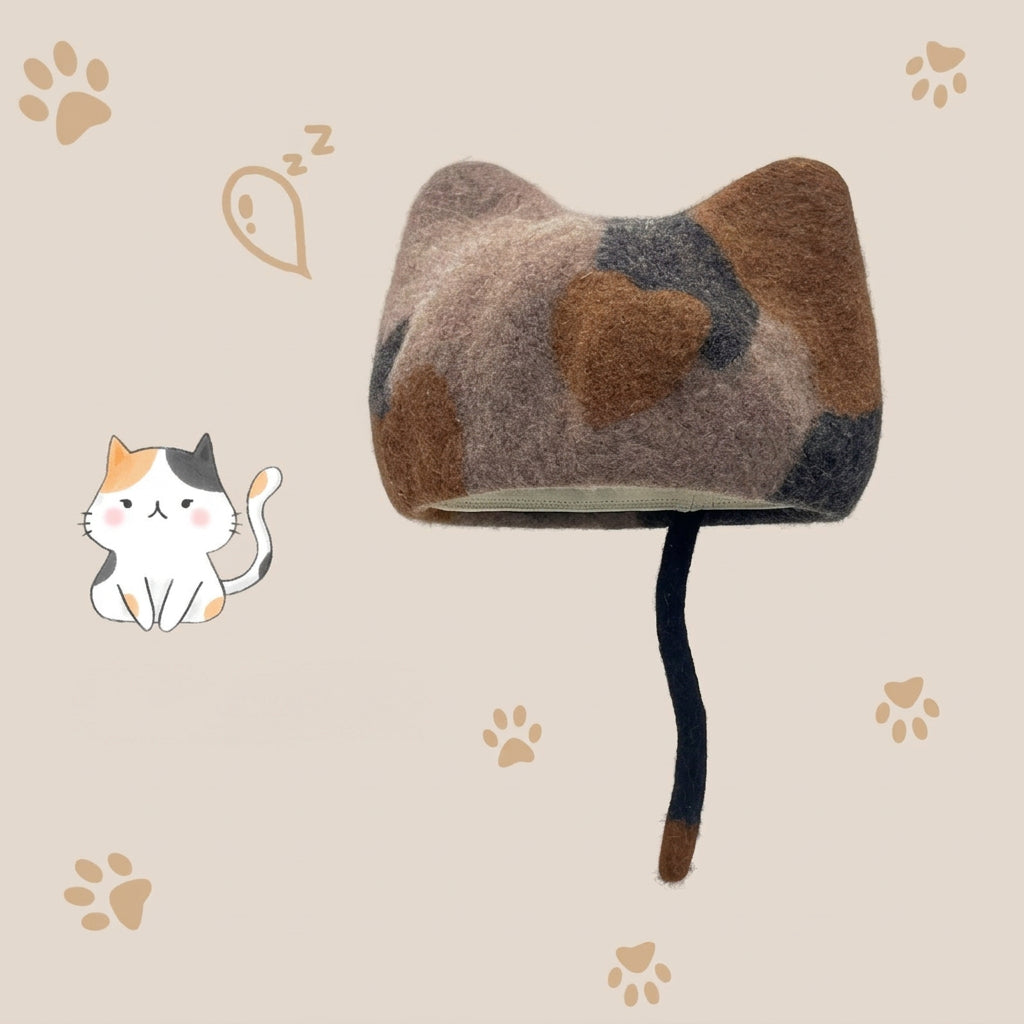 A wool cat-ear hat with a brown, gray, and black camouflage pattern and a long black tail, shown on a beige background with paw prints and a cartoon cat.