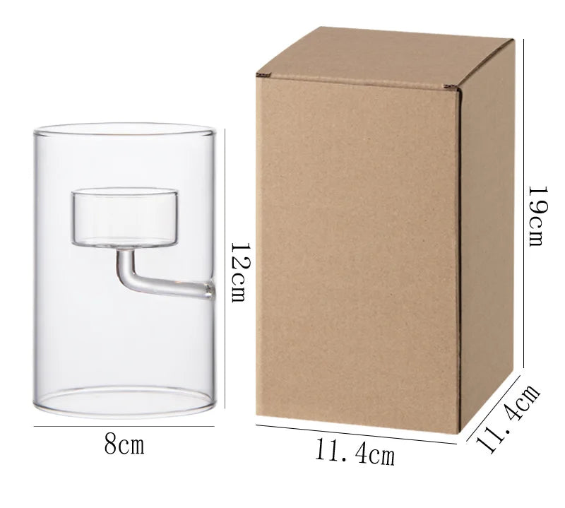 Clear glass product and brown cardboard box with dimensions on a white background