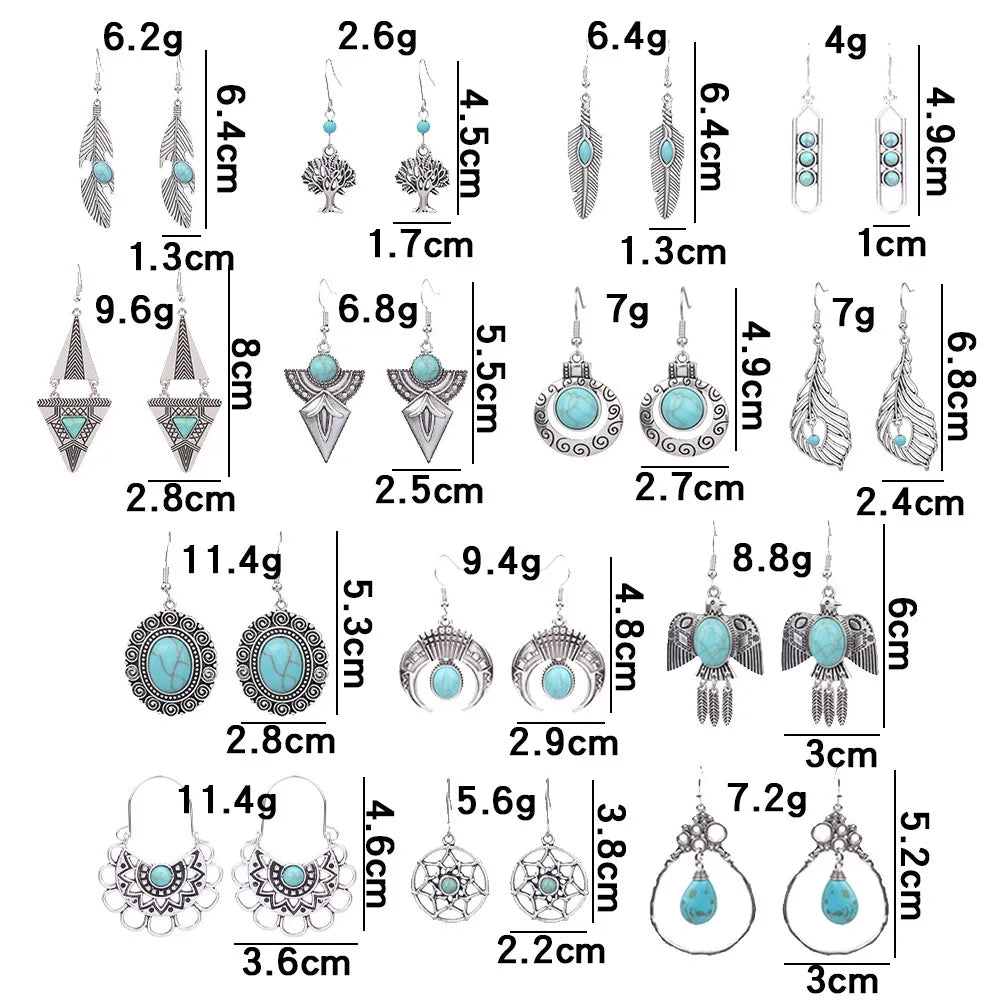 Set of earrings with measurements displayed for each pair.
