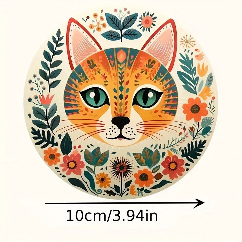 6-Piece Cat Themed Wooden Coaster Set with Floral Design