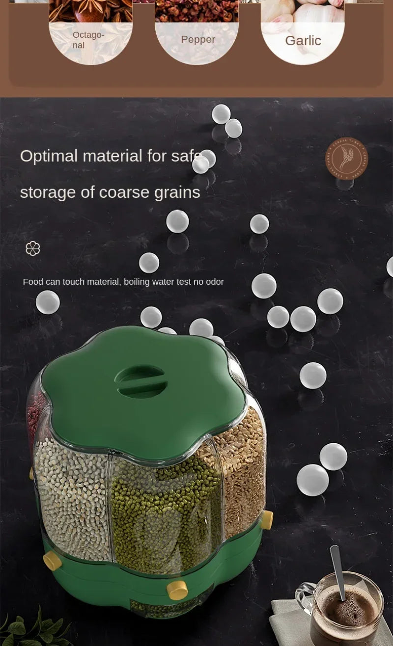 360° rotating cereal and grain dispenser with multiple compartments