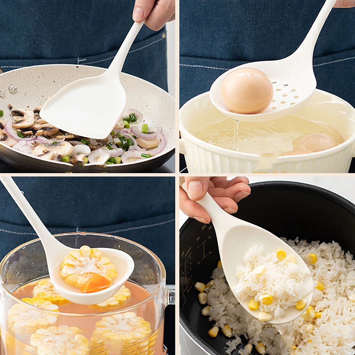 Collage of a white spoon being used in various cooking scenarios.