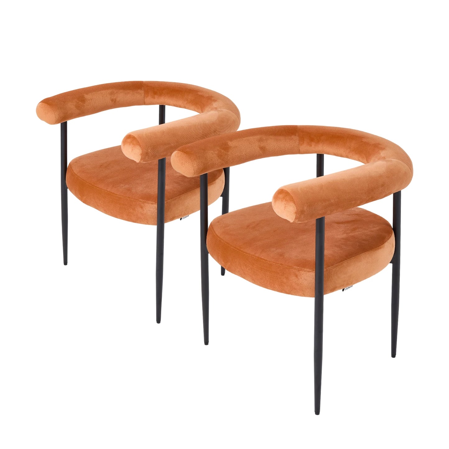Modern Velvet Dining Chairs – Set of 2 Orange Upholstered Seats with Black Metal Legs, Contemporary Home & Dining Room Furniture