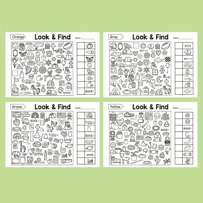 Four 'Look & Find' worksheets on a green background