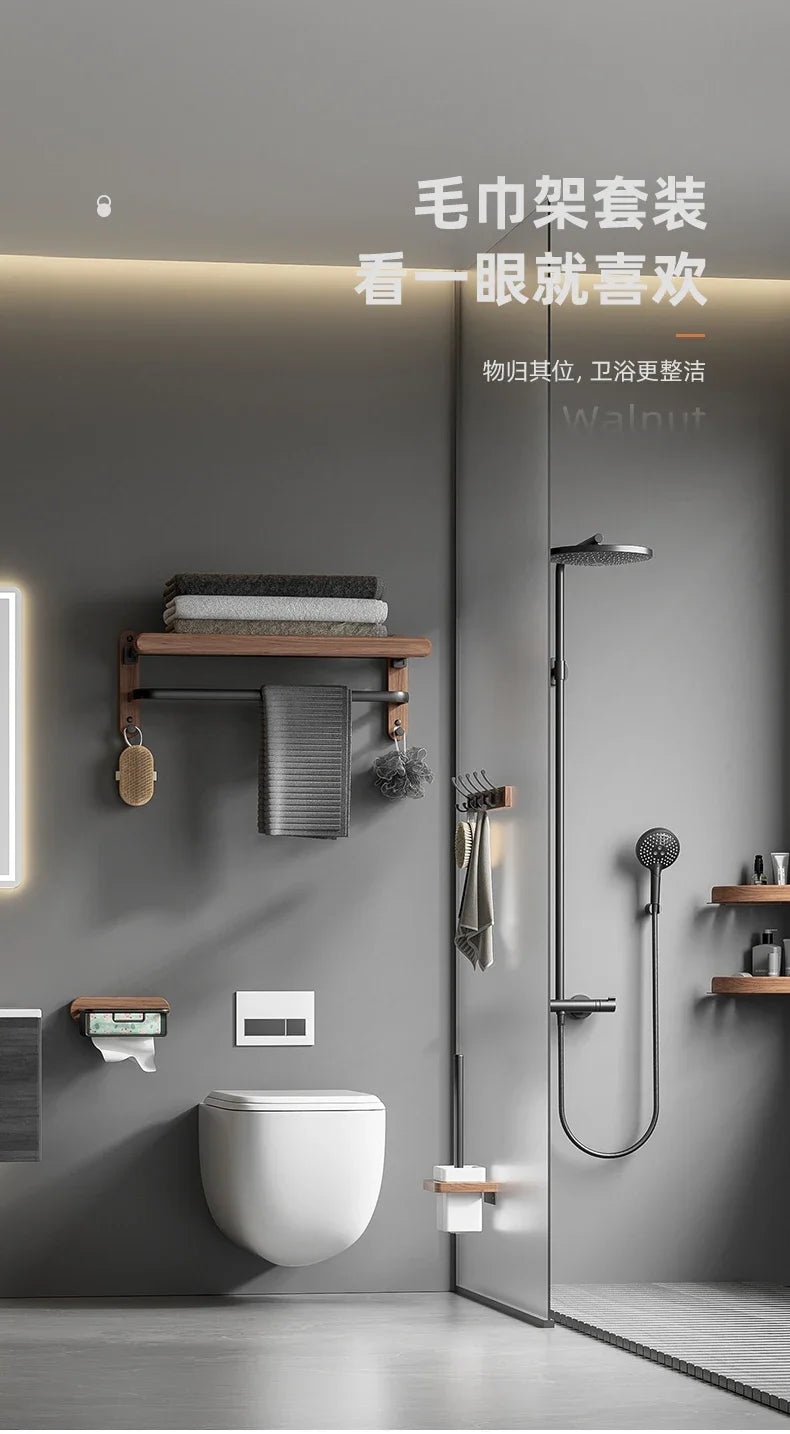 Modern bathroom interior with toilet, shelves, and shower setup.