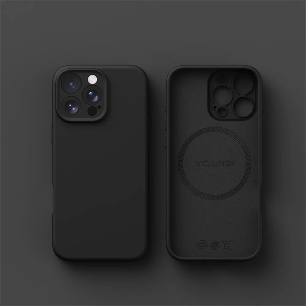 Black phone case with brand logo on a dark gray background
