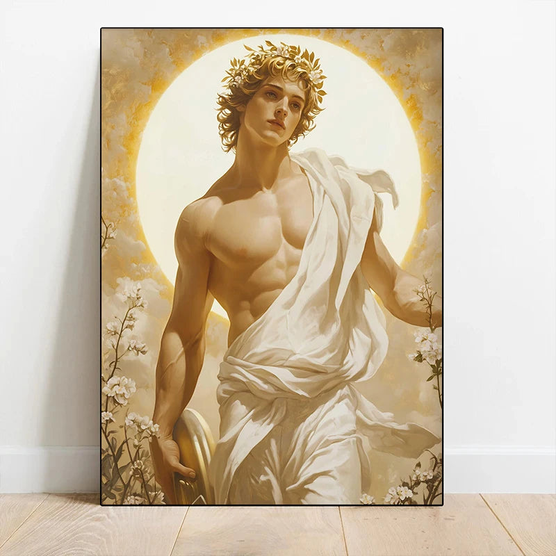  classical painting of a draped figure with a wreath against a warm-toned background