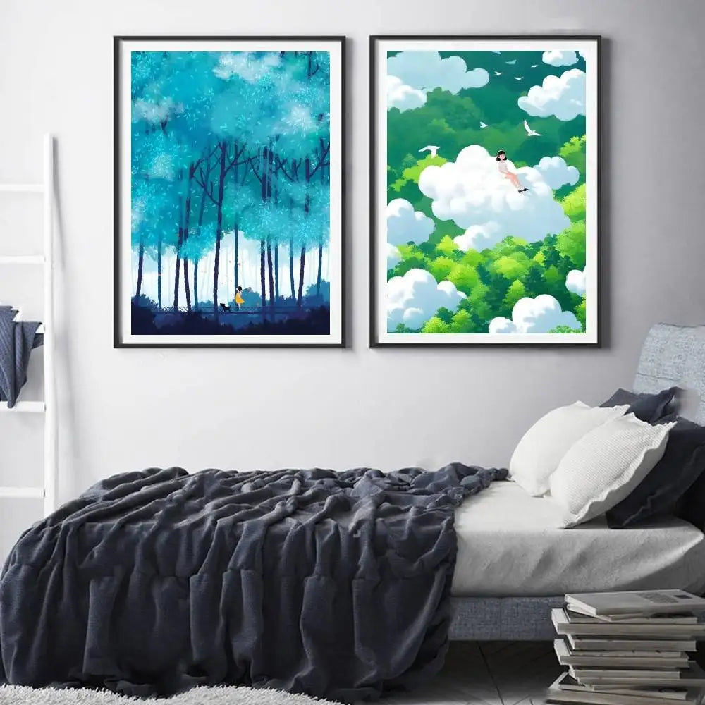 Two framed artworks on a wall above a bed with a dark comforter.