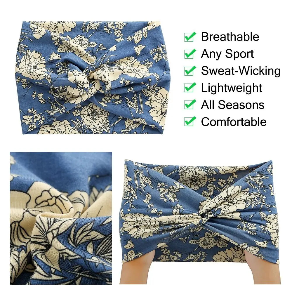 Blue floral headband with features listed on a white background