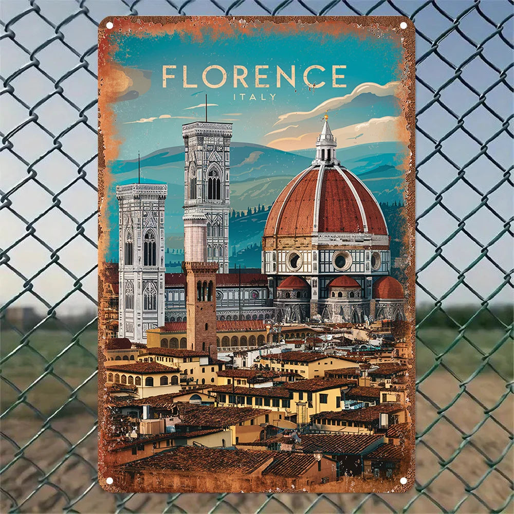Florence Italy vintage metal wall sign in retro travel poster style with distressed edges