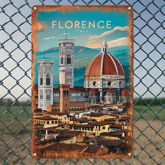 Florence Italy vintage metal wall sign in retro travel poster style with distressed edges