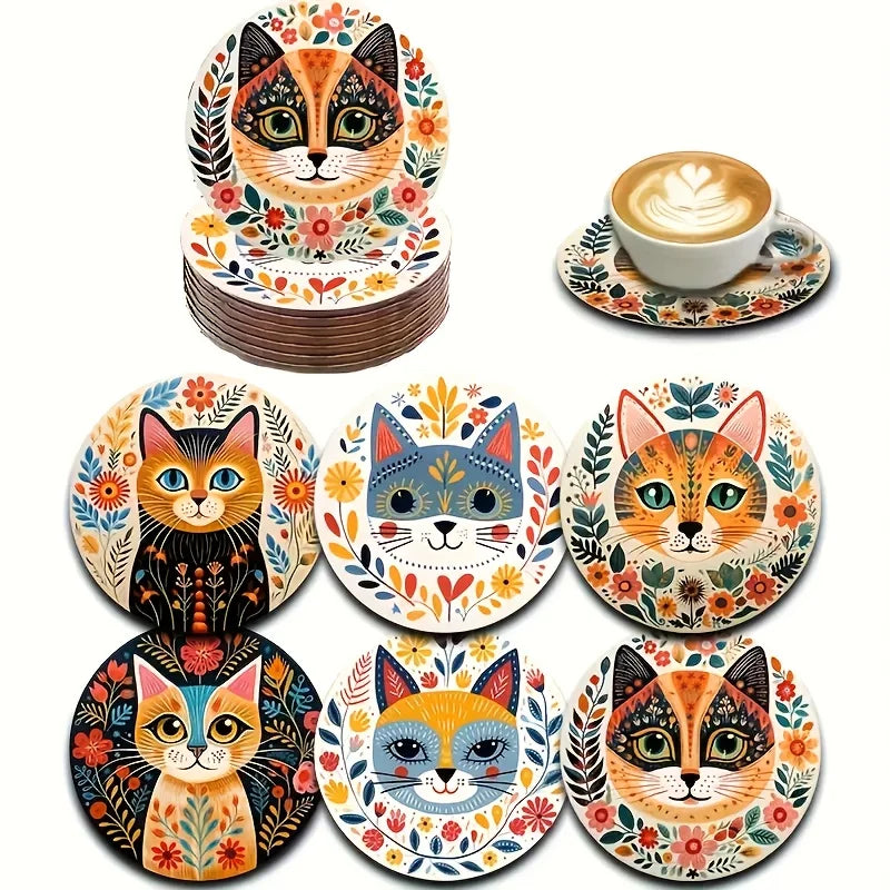 6-Piece Cat Themed Wooden Coaster Set with Floral Design