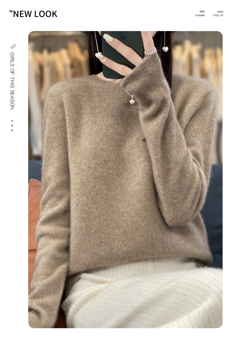 100% Merino Wool Women’s Sweater – Soft Cashmere-Feel O-Neck Pullover, Autumn/Winter Warm Knit Top (14 Colours)