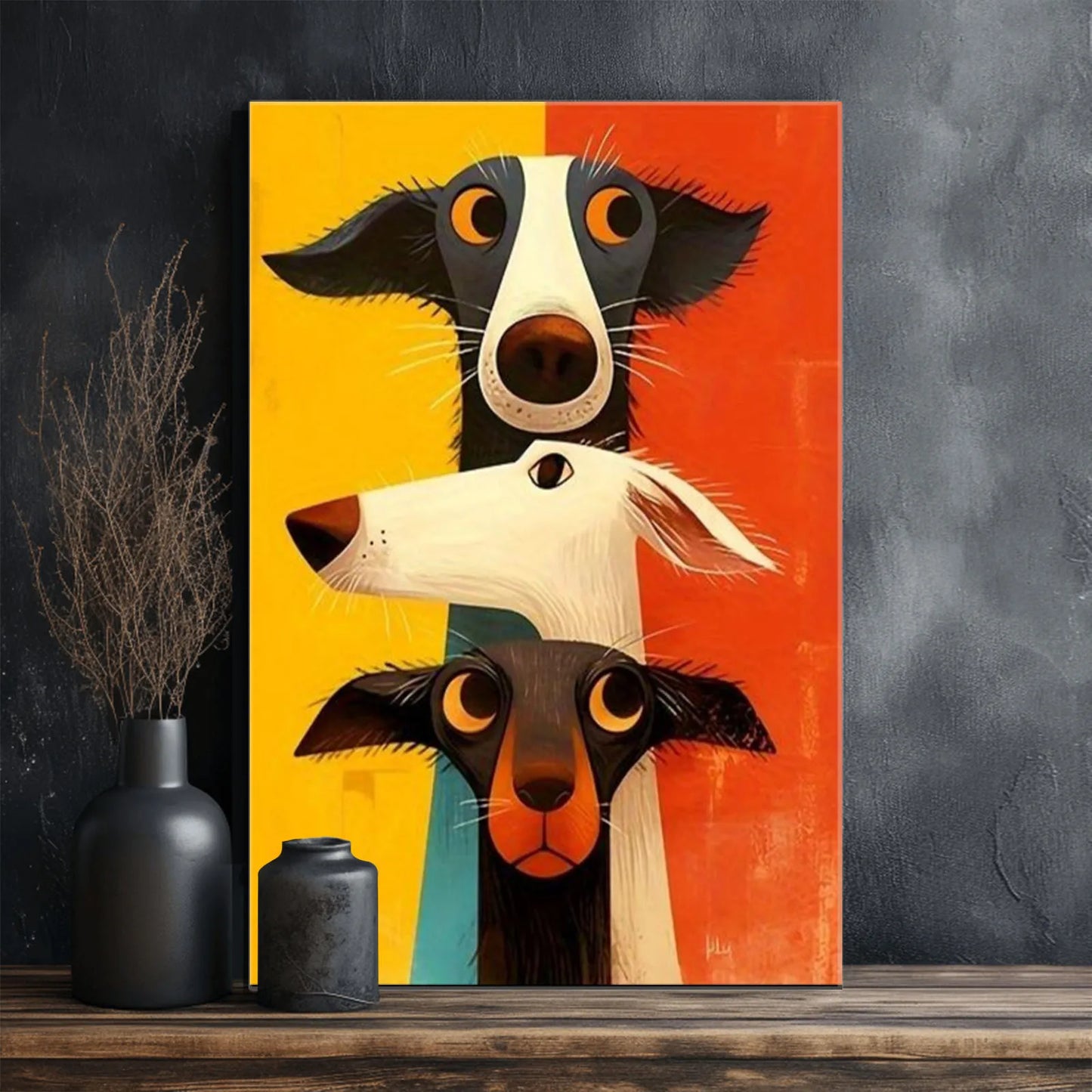 Colorful painting of three dogs on a dark wall with two black vases below.