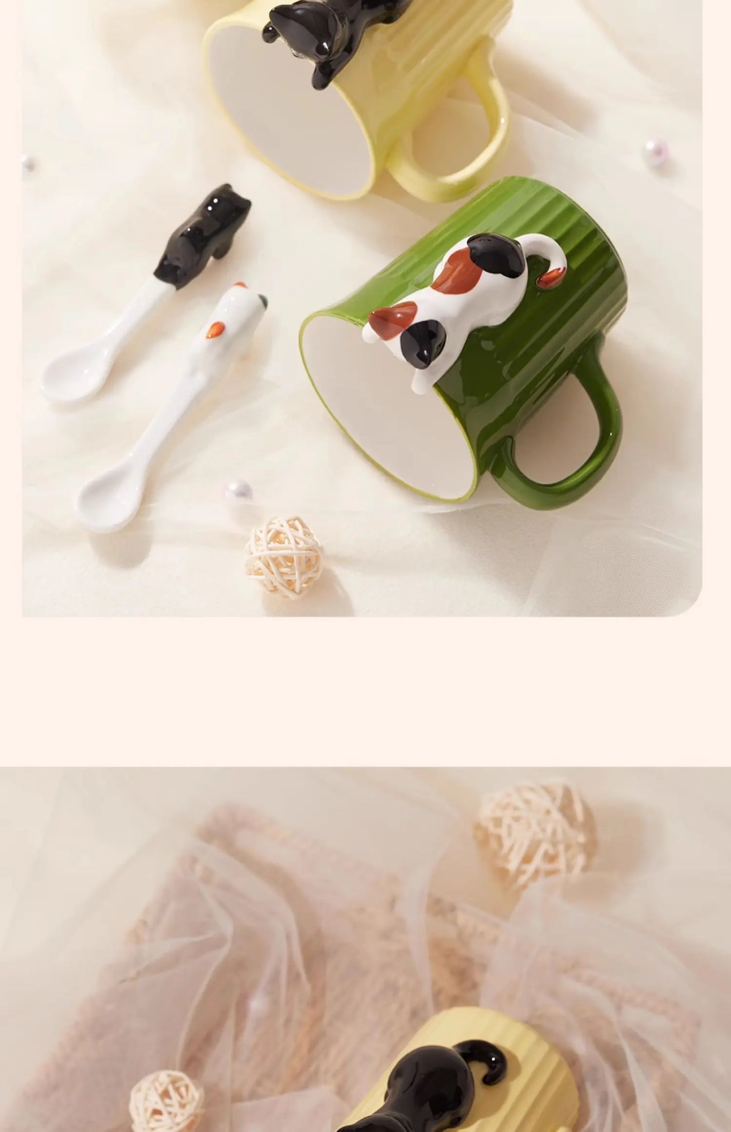 Green and yellow ceramic cat mugs with a 3D cat climbing over the rim.