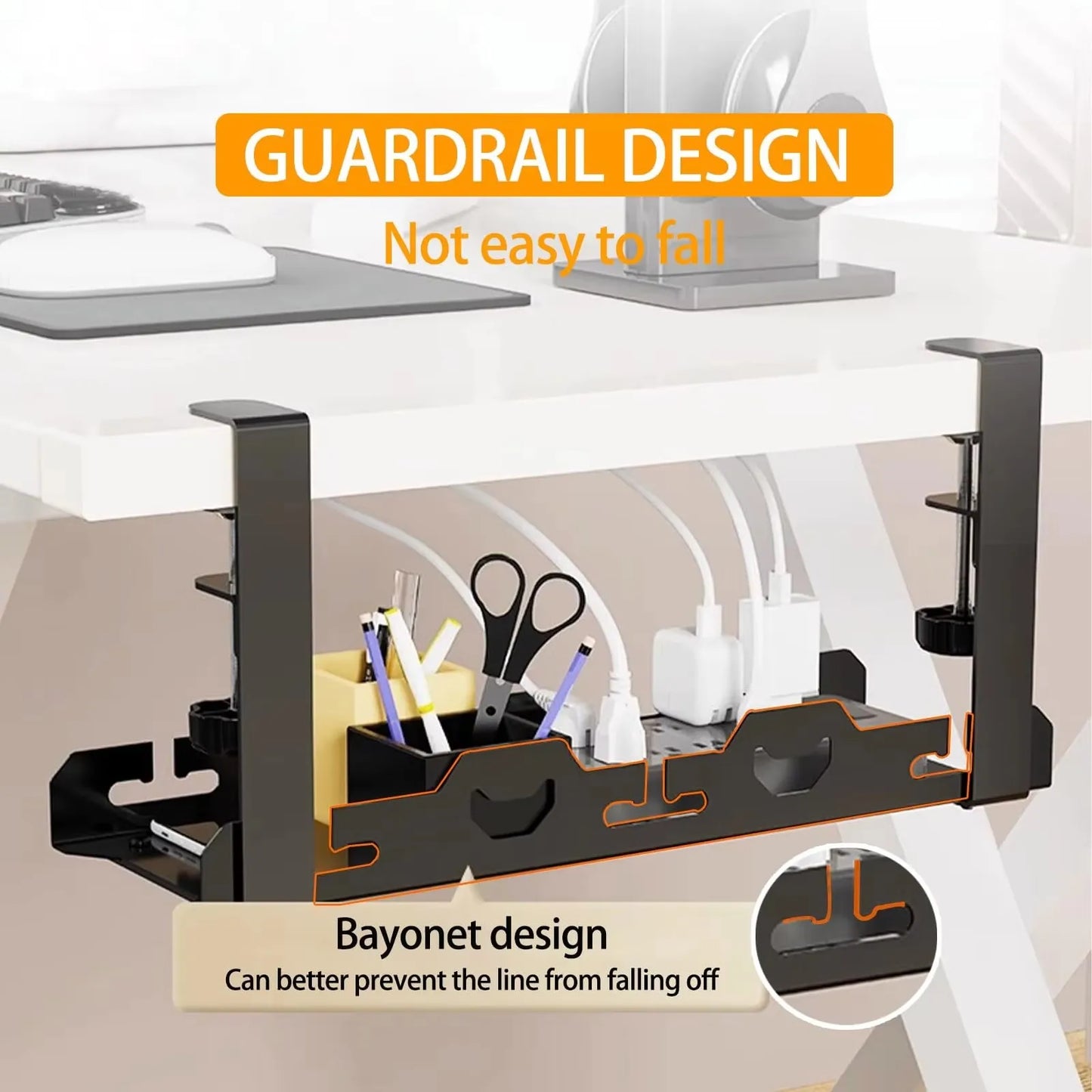 Desk organizer with multiple compartments holding office supplies, featuring a guardrail design.