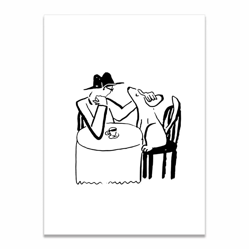 A minimalist black and white cartoon illustration of a couple sitting at a table, with one figure leaning forward in a hat and the other resting their head on a chair, shown on a white background.