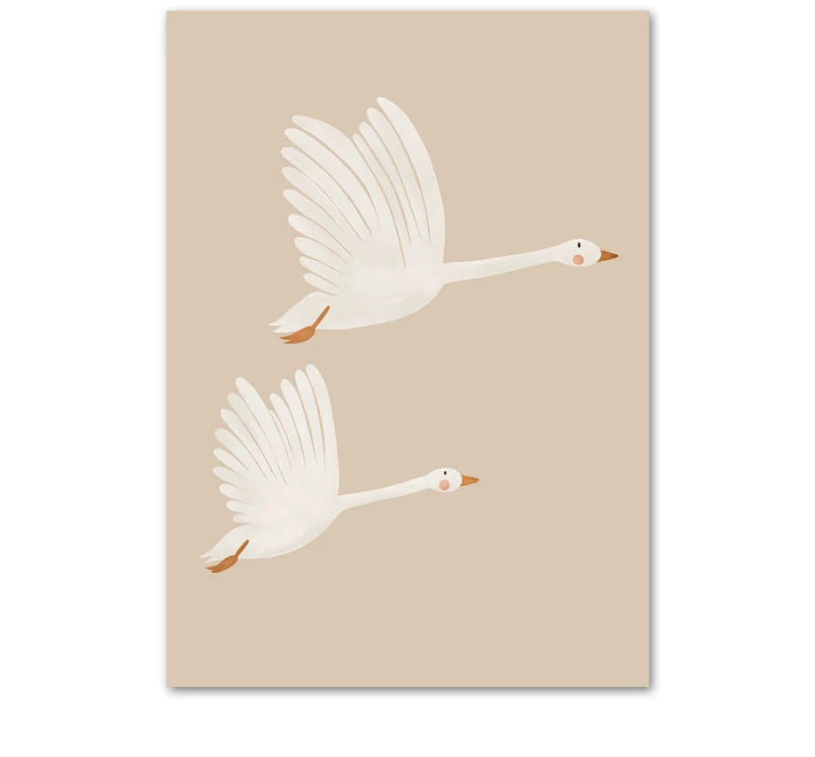 Two white flying geese on a beige background