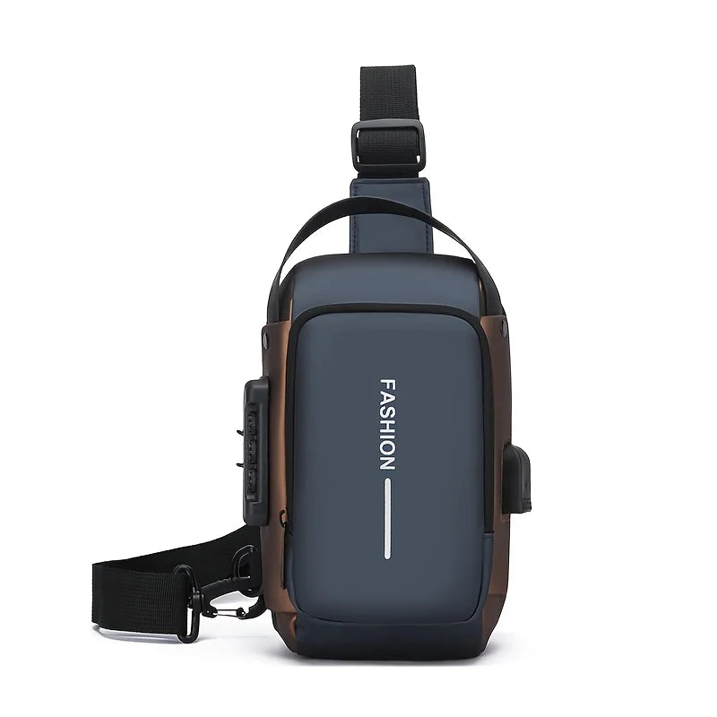 Black and brown crossbody bag with 'FASHION' text on a white background