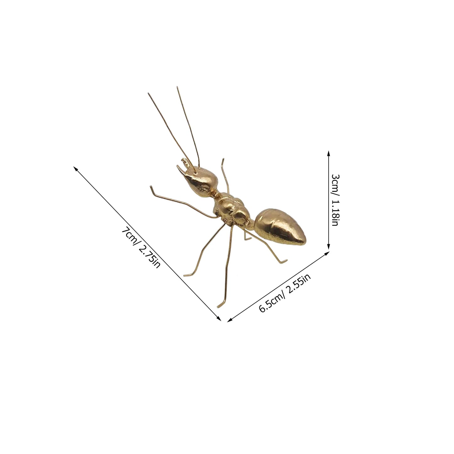Gold ant figurine with measurements on a white background