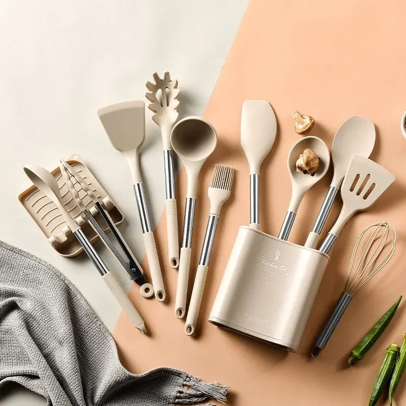 13-piece silicone kitchen utensil set with stainless steel handles and storage holder in beige colour for modern cooking and baking kitchens