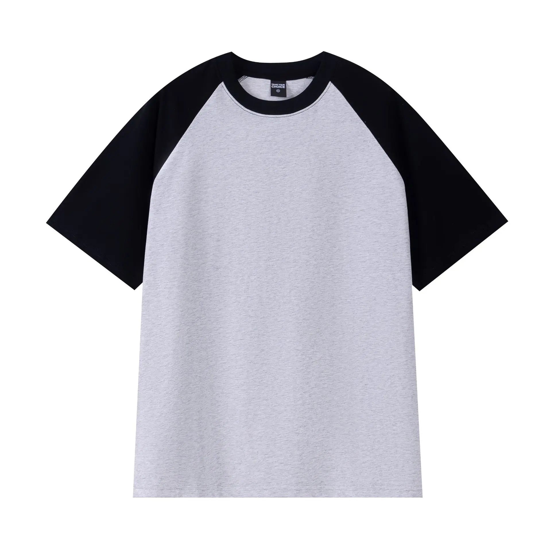 Gray t-shirt with black sleeves on a white background