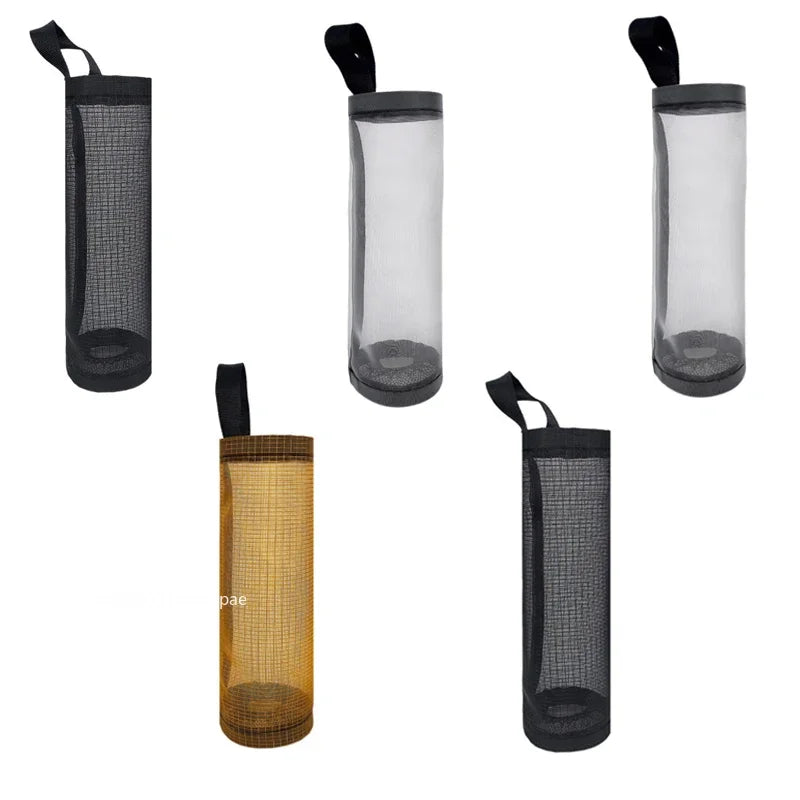 Set of mesh bags with handles in various colors on a white background