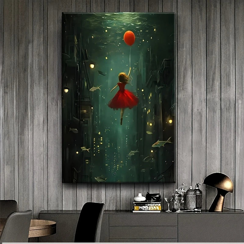 Canvas print of a woman in a red dress underwater with a fish and balloon against a wooden wall.