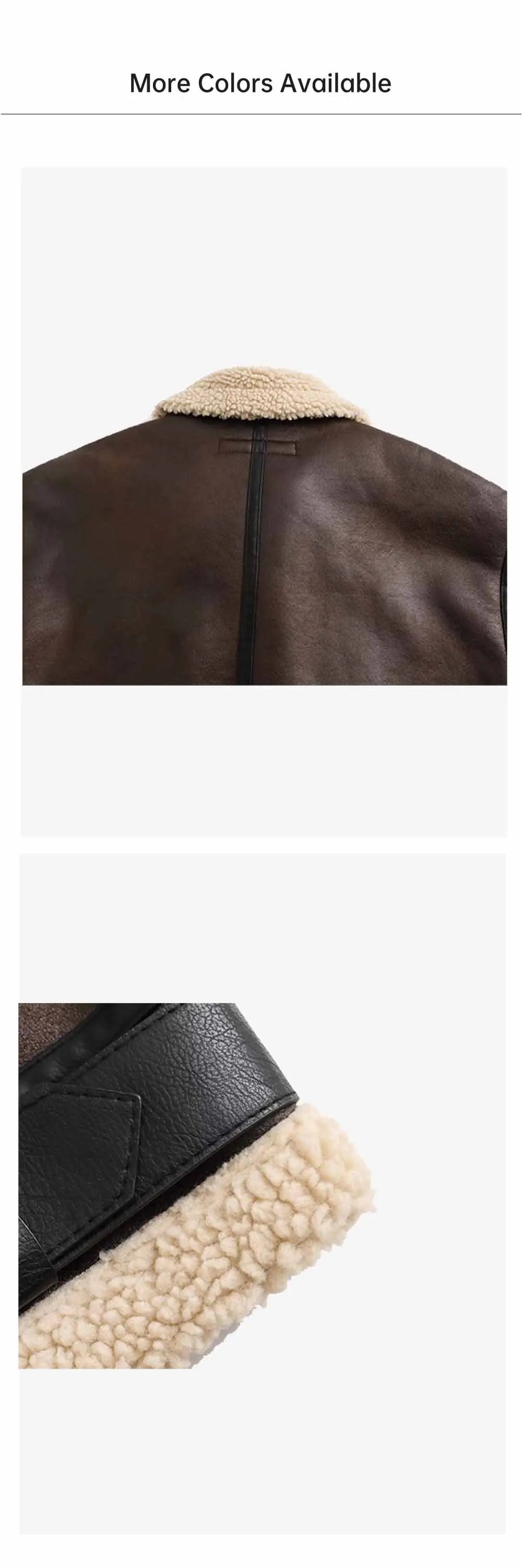 Brown leather jacket with beige shearling lining on a white background