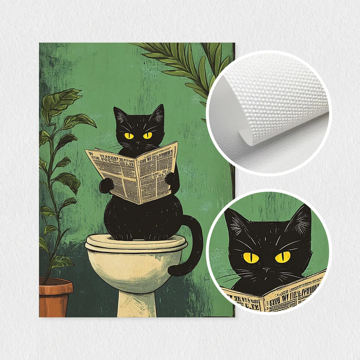 Illustration of a black cat reading a newspaper on a toilet with a green background.