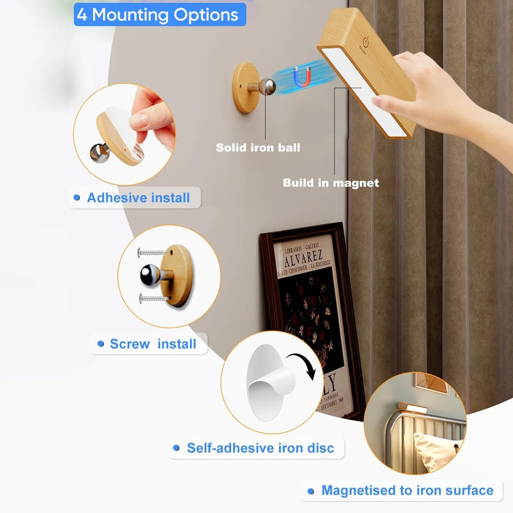 Light fixture with mounting options on a wall, including adhesive, screw, and magnetic attachments.