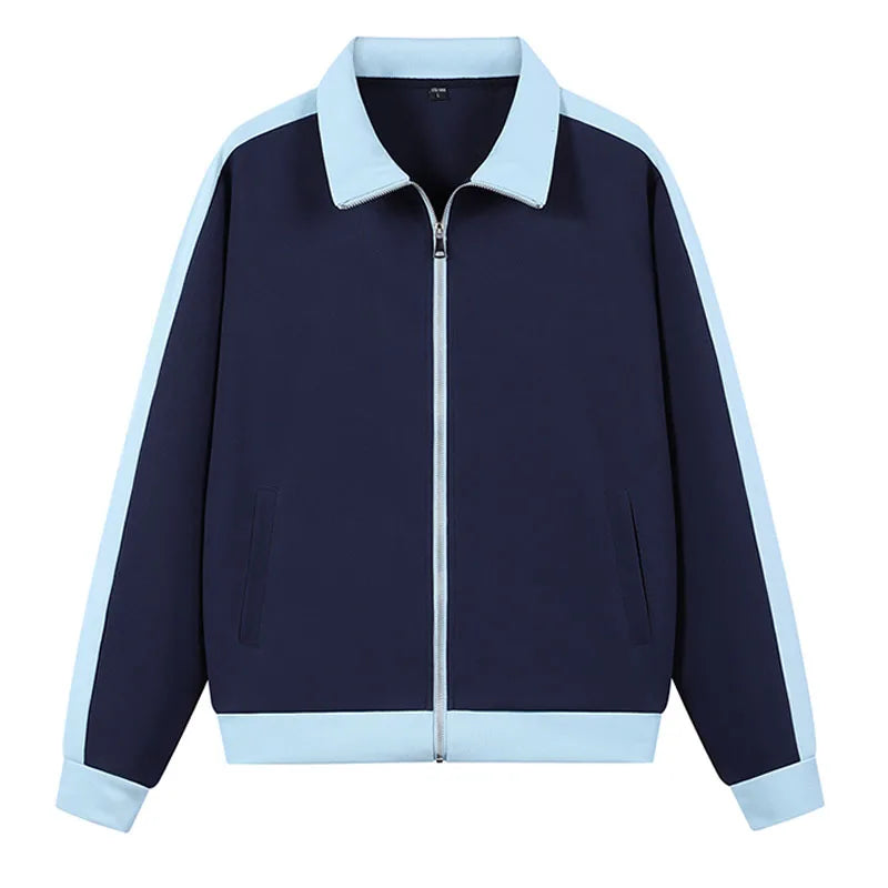 Navy blue jacket with light blue accents on a white background