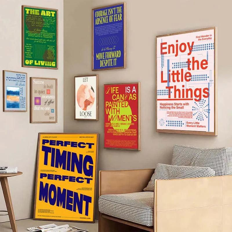 Wall with motivational posters in a living room setting