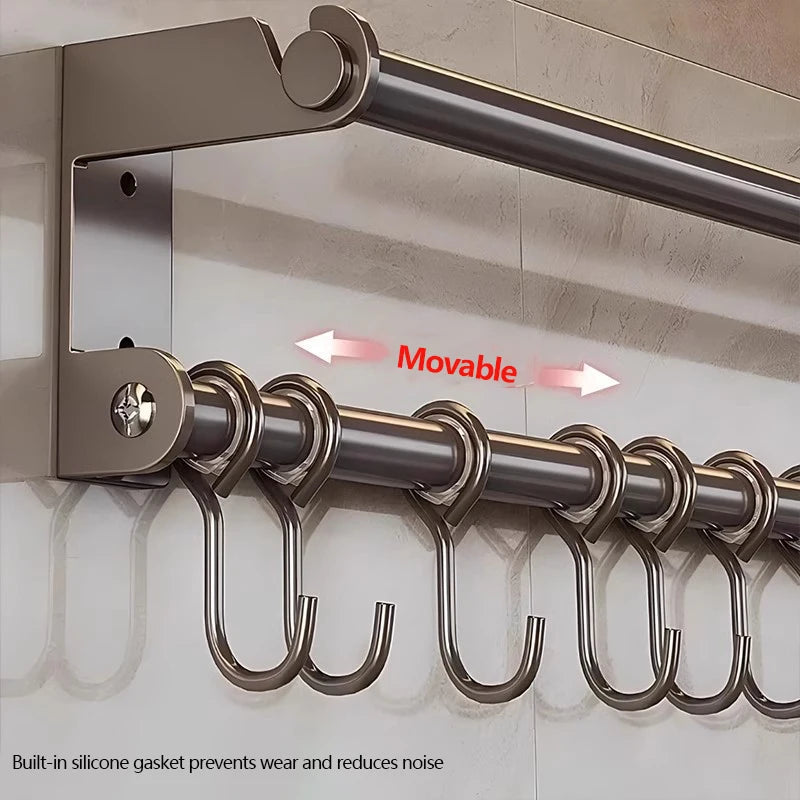 Metal curtain rod with hooks on a white background