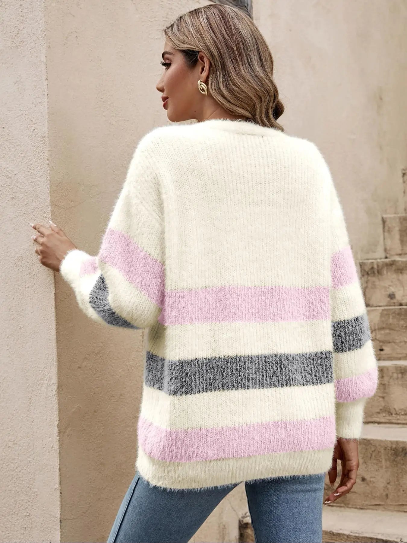 Women’s Plush Striped Button Cardigan – Relaxed Fit Lantern Sleeve Knit