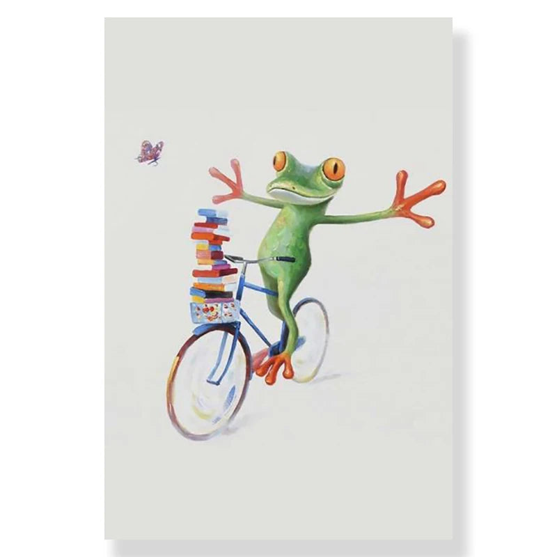 Cartoon frog riding a bicycle with books on a white background