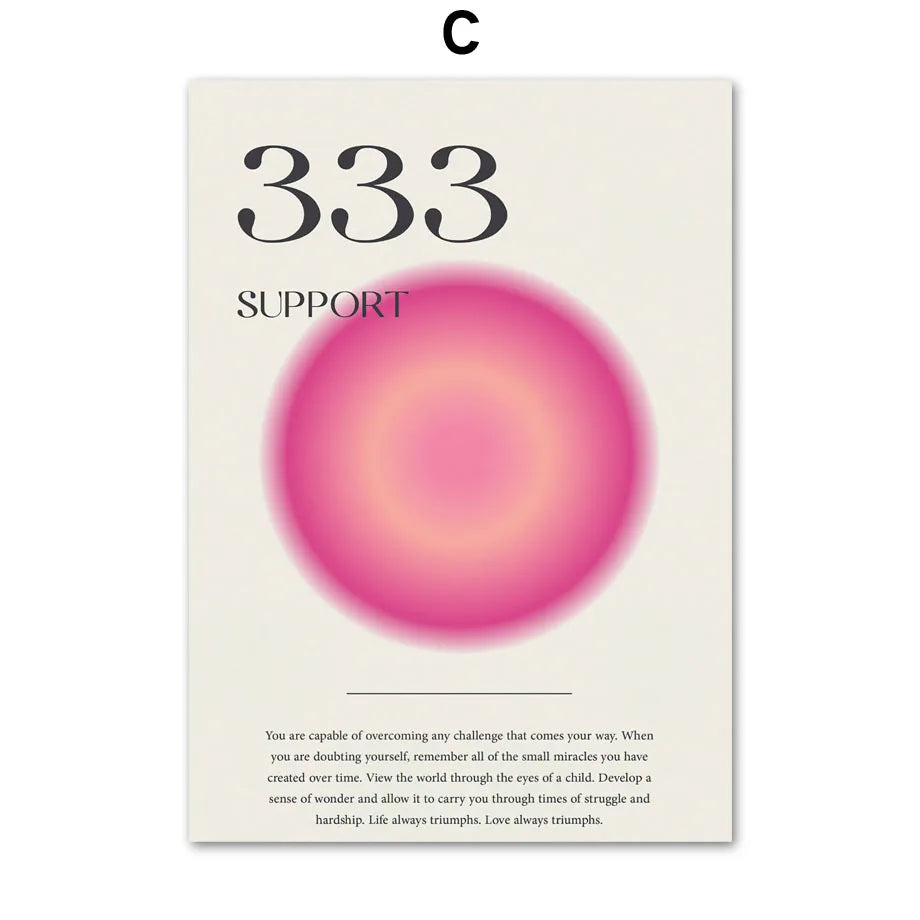 Poster with '333 Support' text and a pink circular design on a beige background.