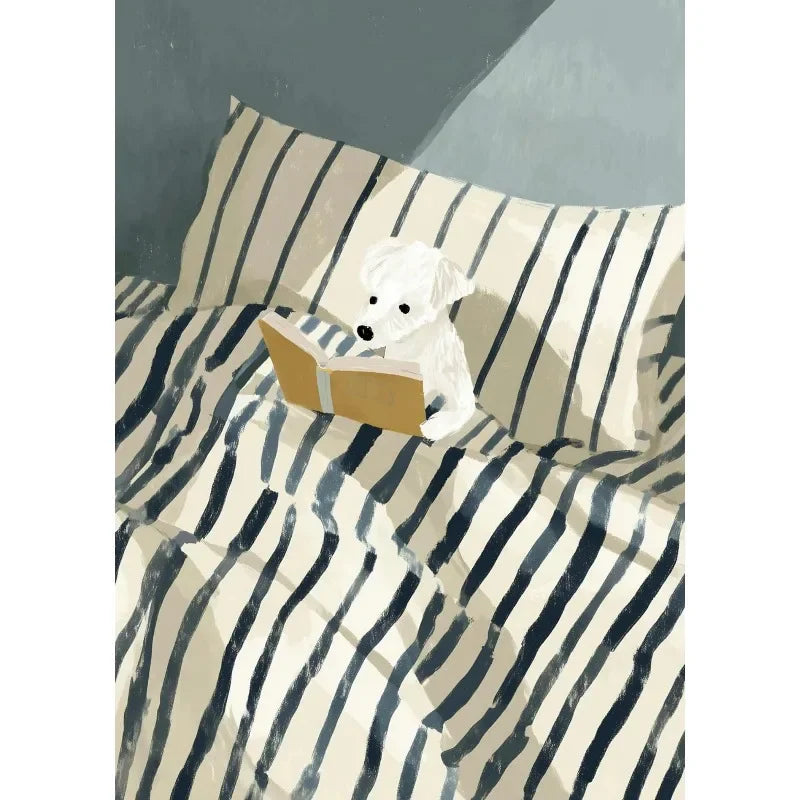 Striped bedding with a white teddy bear reading a book on a dark background