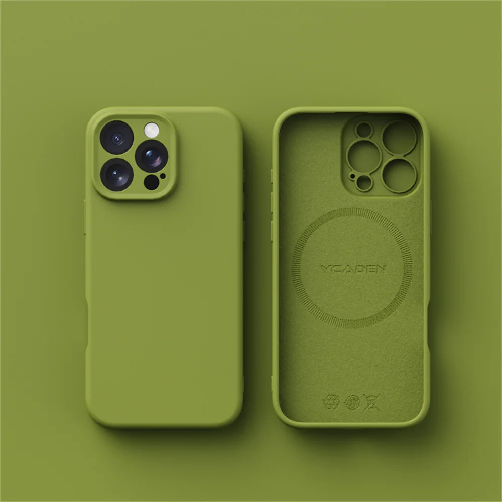 Green phone case with brand logo on a green background