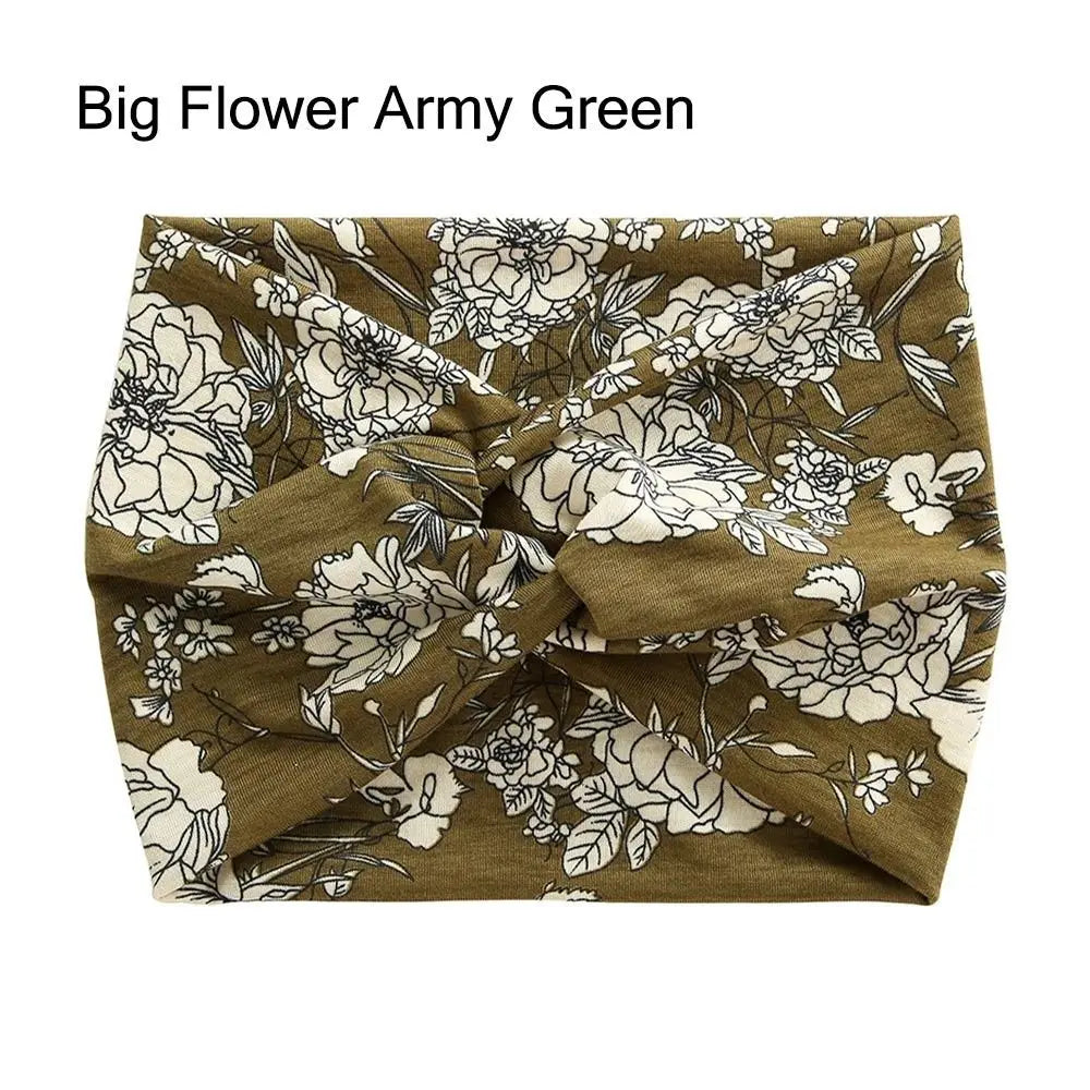 Floral-patterned headband with 'Big Flower Army Green' text on a white background