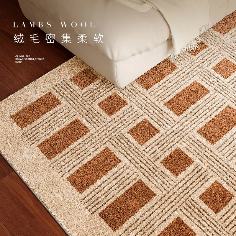 Patterned rug with geometric design on a wooden floor