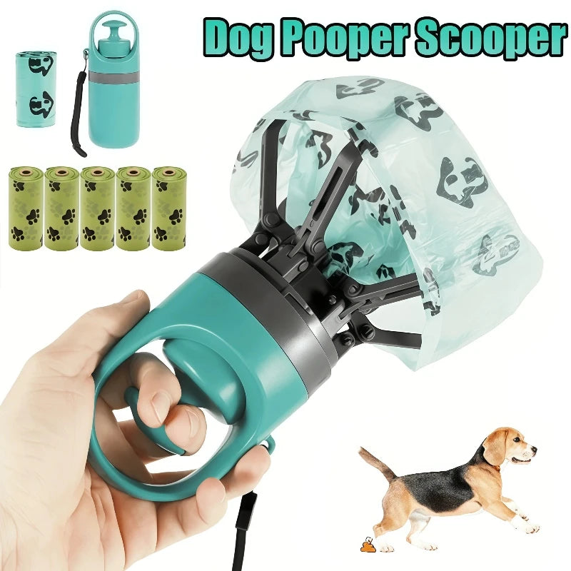 Portable dog pooper scooper with claw design and built-in waste bag for hygienic pet waste pick-up