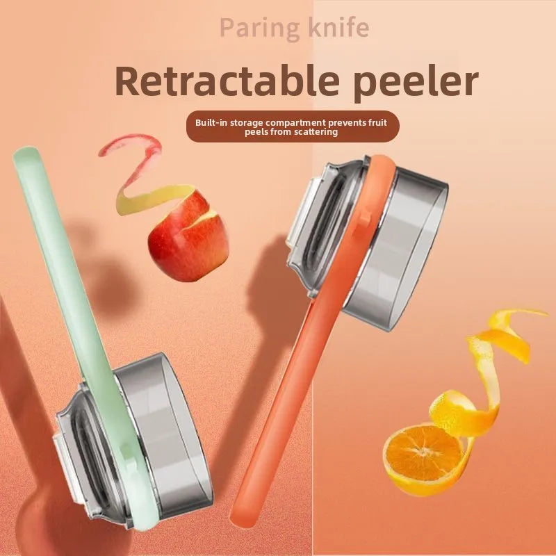 Retractable peeler with a built-in storage compartment on an orange background
