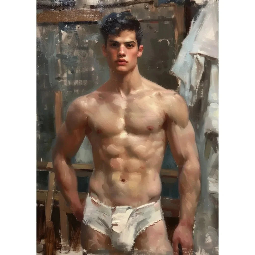 Artistic depiction of a shirtless man in underwear with an artistic background