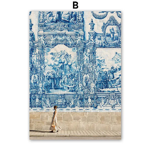 Poster of a Woman standing in front of a large blue and white tiled wall with intricate patterns.