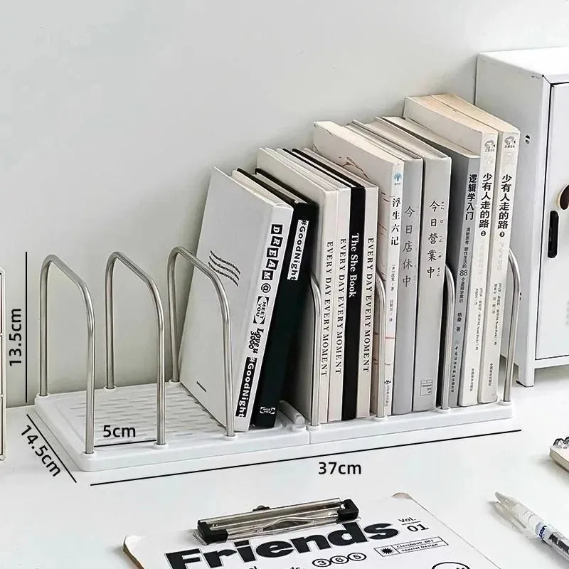 Metal bookend holding books on a white surface with measurement details.