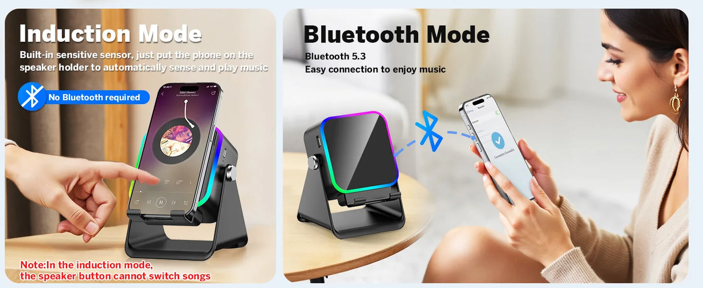 Induction mode and Bluetooth mode smartphone stands with user interaction.
