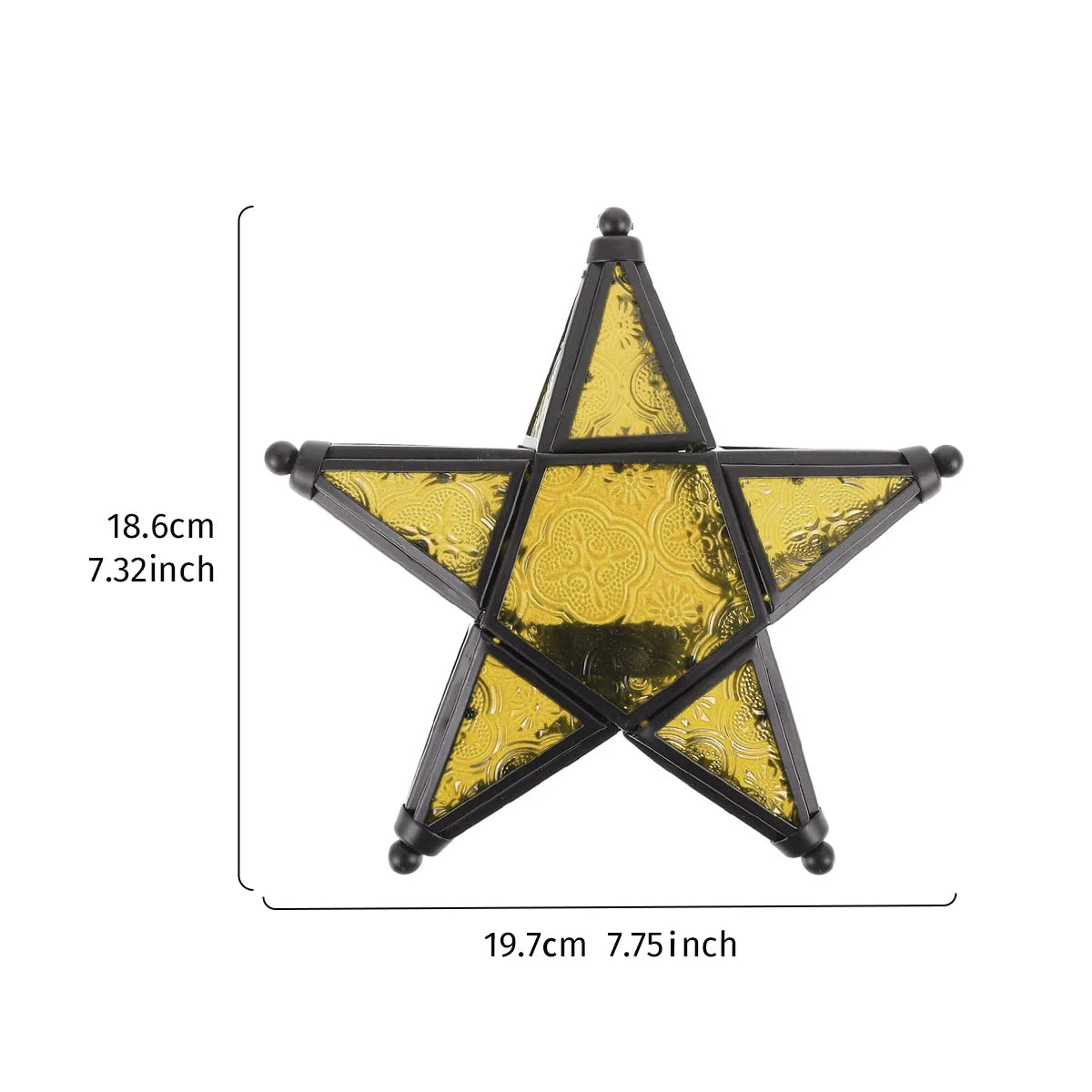 Dimensions for a yellow stained glass five-point star candle holder with a black metal frame and hanging chain, designed for decorative home lighting.